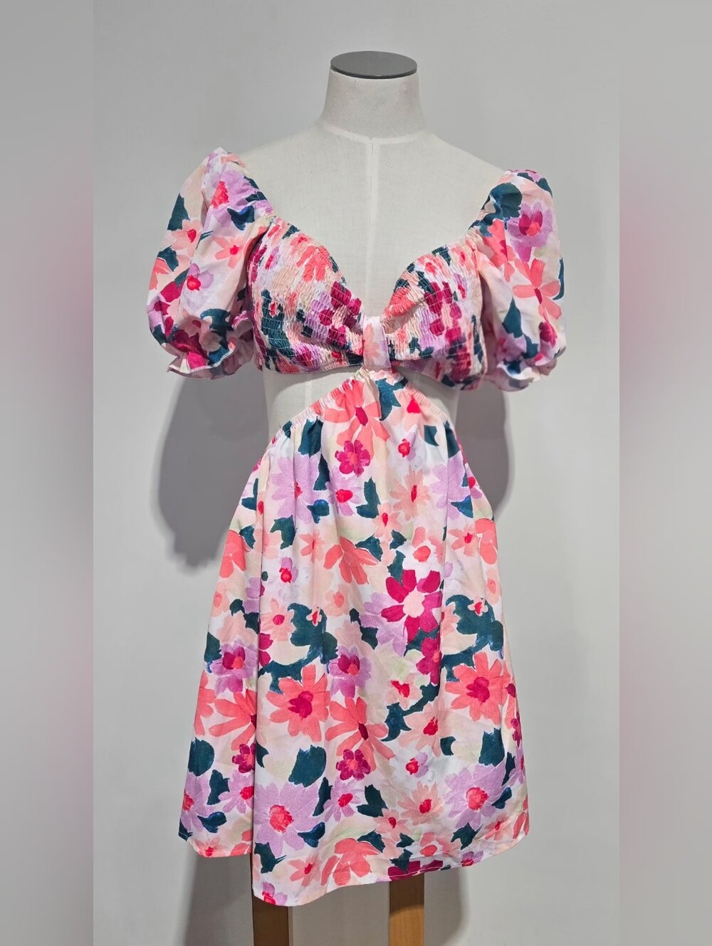 Floral Puff Sleeve Cutout Mini Dress - Pink Multicolor